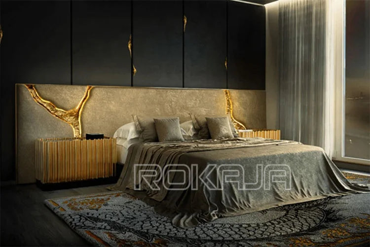 New Design Luxury King Size Bed Set Big Headboard Fabric Bed Mirrored Gold Double Bed Bedroom Furniture Set