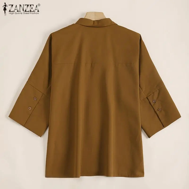 ZANZEA Women Lapel Neck Blouse Fashion OL Work Tops Casual 3/4 Sleeve Holiday Tops Oversize Chemise Female Loose Buttons Blusas