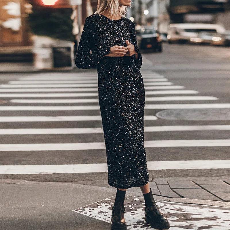 Long Sleeve Spring Autumn Simple Maxi Dress, Women Holiday O Neck Casual Fashion Party Dress, New Sequins Patchwork Ladies Dress