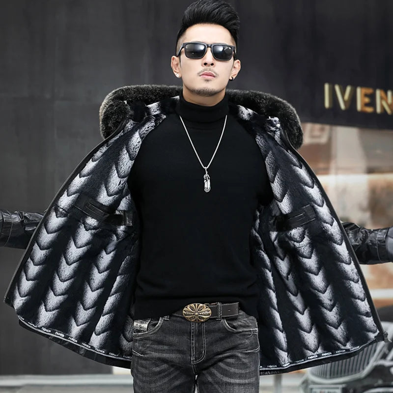 Mens Genuine Leather Jacket Men Top Layer Cowhide Hooded Coat Rabbit Fur Lining Trendy Parka Male Fox Collar Clothing