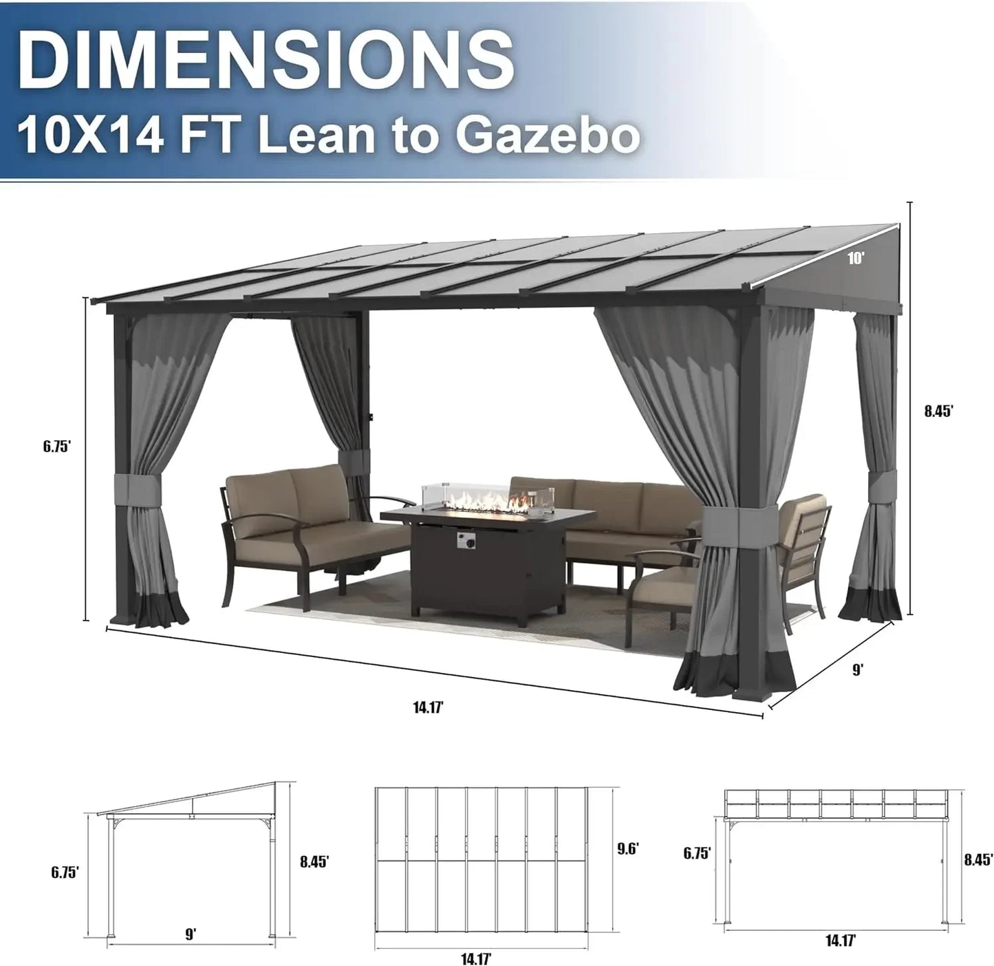 10 x 14 FT Outdoor Gazebo, Hardtop Wall Mounted Gazebos with Sloping Sun Panel Roof, Double Curtains, Gazebo