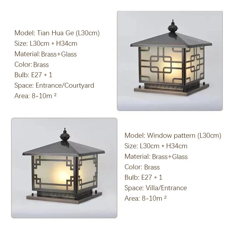WPD Outdoor Electricity Post Lamp Vintage Creative Chinese Brass Pillar Light LED Waterproof IP65 for Home Villa Courtyard