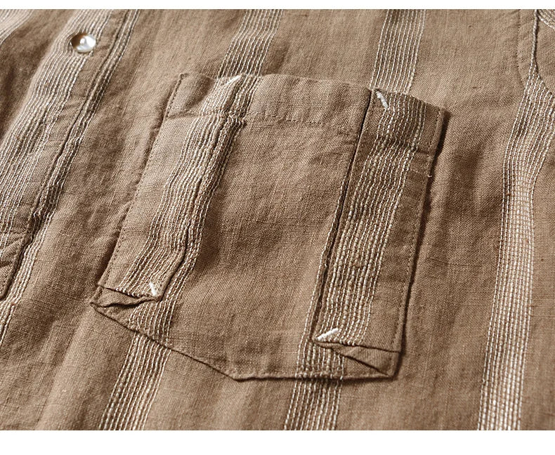 100% Linen Men's Short Sleeve Shirt Japanese Chest Pocket Striped Stand Collar Shirts Casual Summer Comfortable Tops Shirt Man