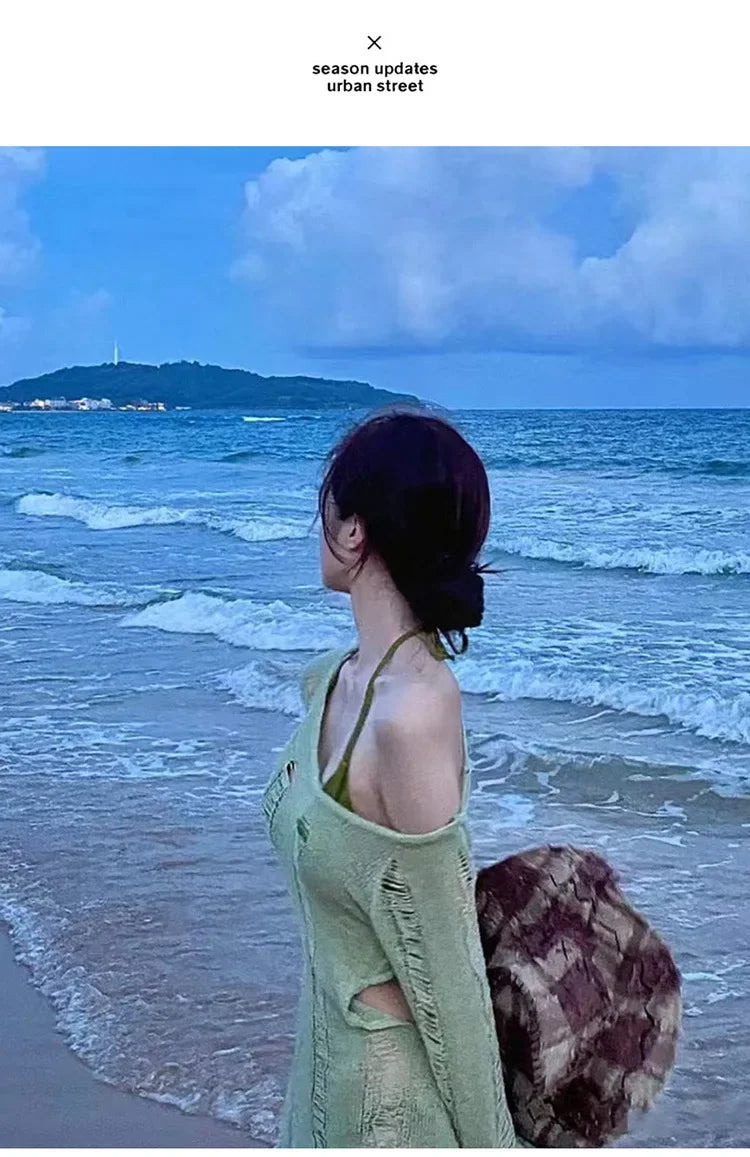 Women's Long Sleeved Solid Color Knitted Anti Wrinkle Cover Shirt, Beach Travel with Bikini Swimsuit, Sexy Hip Hugging Skirt