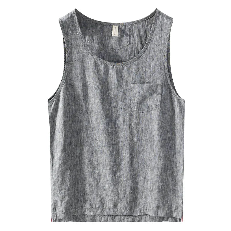 100% Linen Sleeveless Tank Top for Men Summer Solid Breathable Vest Tees Casual Man Vests