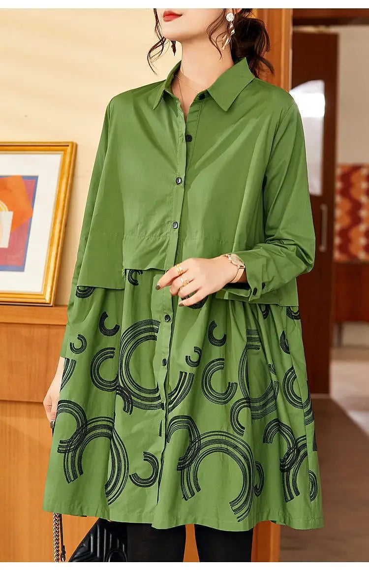 Women's Fashion Loose Spliced Shirt Autumn New Korean Casual Polo-Neck Printed Button Blouse Long Sleeve Female Clothing 2024