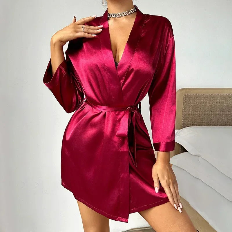 Women Silk Satin Short Night Robe Solid Kimono Robe Fashion Bath Sexy Bathrobe Peignoir Femme Wedding Bride Bridesmaid Robe