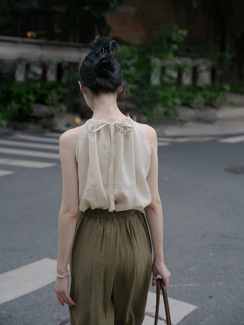 100% Linen Sexy Halter Women Summer Top Solid Sleeveless Back Bandage Tie Up Korean Harajuku Tank Tops Vintage Clothes