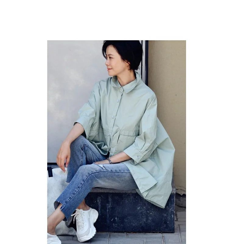 Women's Irregular Cotton Lapel Five-Point Sleeve Blouse, Large Size Shirt, Elegant Blouses for Youth, Medium Length