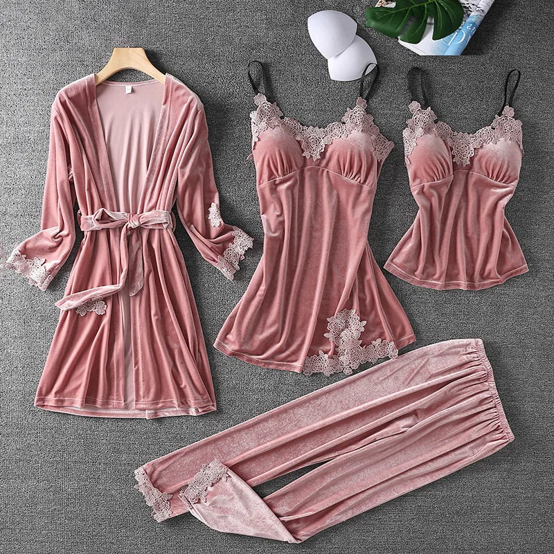 Women Velvet 4PCS Pajamas Set Sleepwear Autumn Winter Sexy Lace Trim Bathrobe Nightgown Loose Velour Pyjama Pour Femme Home Wear