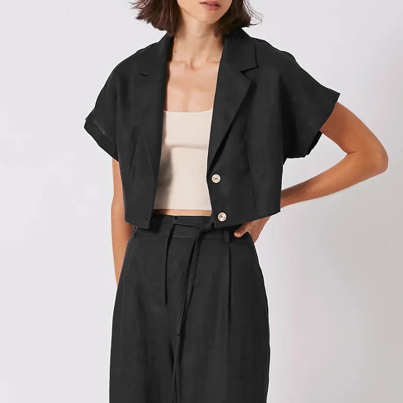 100% Linen Women'S Shirt Vintage Notched Collar Short Sleeve Button Up Shirts Elegant Fashion Woman Blouses 2024 Blusas Feminina