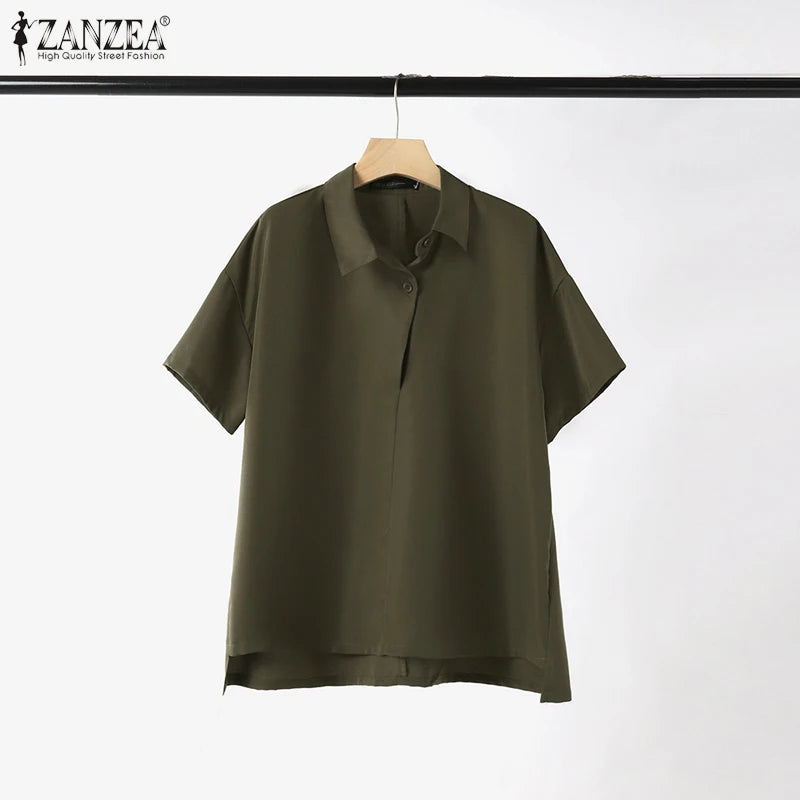ZANZEA Korean Style Solid Color Shirts Women 2024 Summer Asymmetrical Lapel Neck Oversize Blouse Casual Half Sleeve Chemise Tops