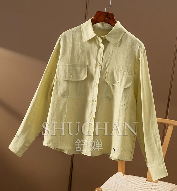 100% Linen Long-sleeved Shirt Women Long Sleeve Top Womens Shirts Luxury Blouses for Women Fashion 2024