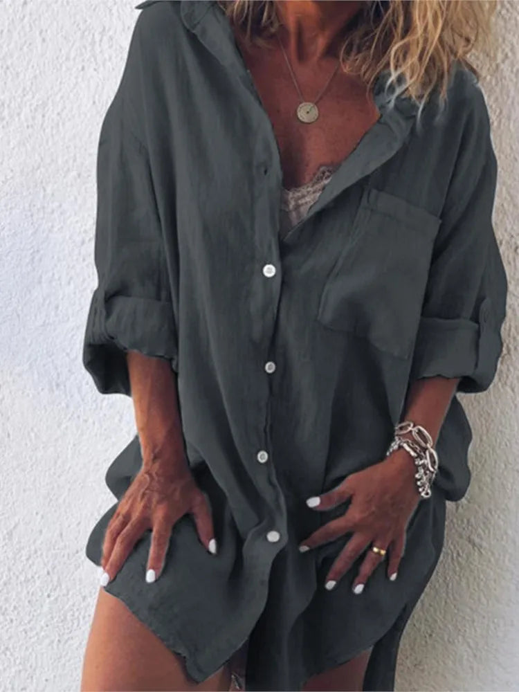 Women's Summer New Fashion Cotton Linen Pocket Beach Button Long Sleeved Shirt Casual And Comfortable Plus Size Women's Clothing