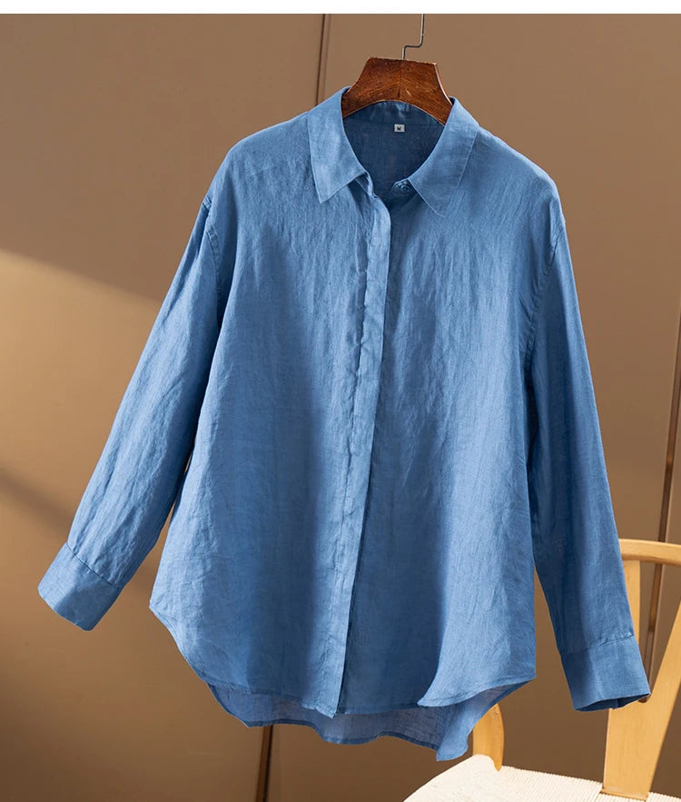 100% Linen Simple French High-quality Long-sleeved Shirt Women Autumn New Shirts for Women Blusas Mujer De Moda Verano