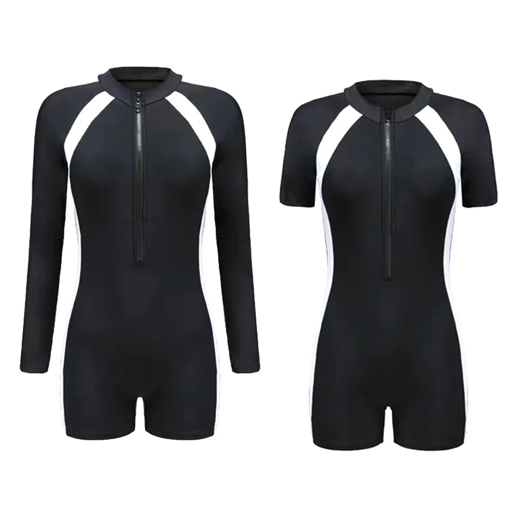 Women's One-Piece Swimsuit Long Short Sleeves Swimwear Female Zipper Rash Guard Summer Surfing Diving Clothes Bathing Suit