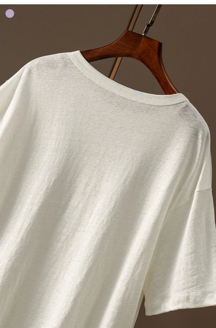 100% Linen Knitted High-quality Casual Loose Round Neck Short-sleeved T-shirt Women Short Sleeve Shirts for Women