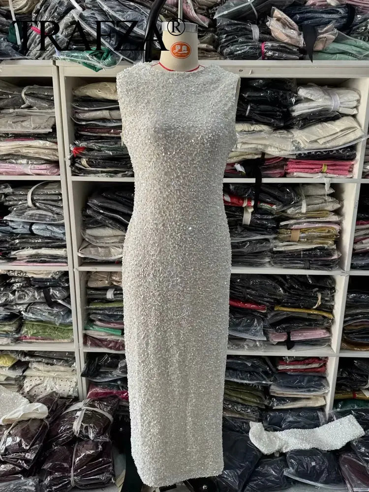 TRAFZA Autumn Party Dress Woman 2024 Trendy Solid O-Neck Long Sleeve Sequins Decorate Zipper Female High Street Long Dresses