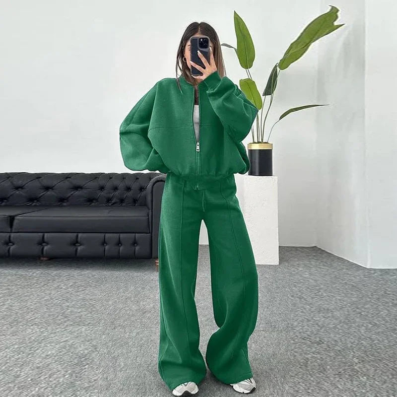 Women Sweatsuit Set Vintage O-neck Zipper Bomber Jackets High Waist Loose Pants Suit Female 2025 Spring Fashion Lady Sportswear