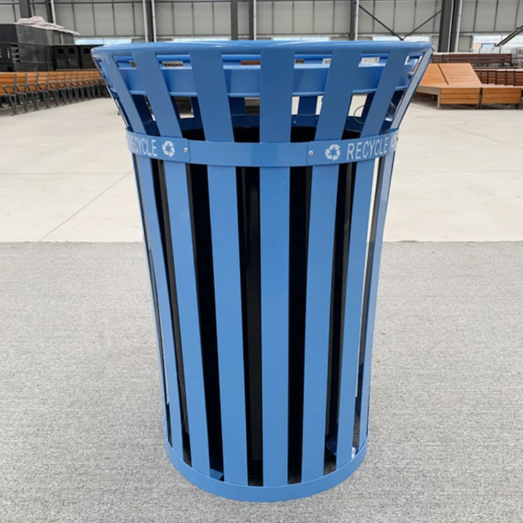popular blue color round steel iron big garbage can container outdoor garden dustbin metal commercial waste trash bins for parks