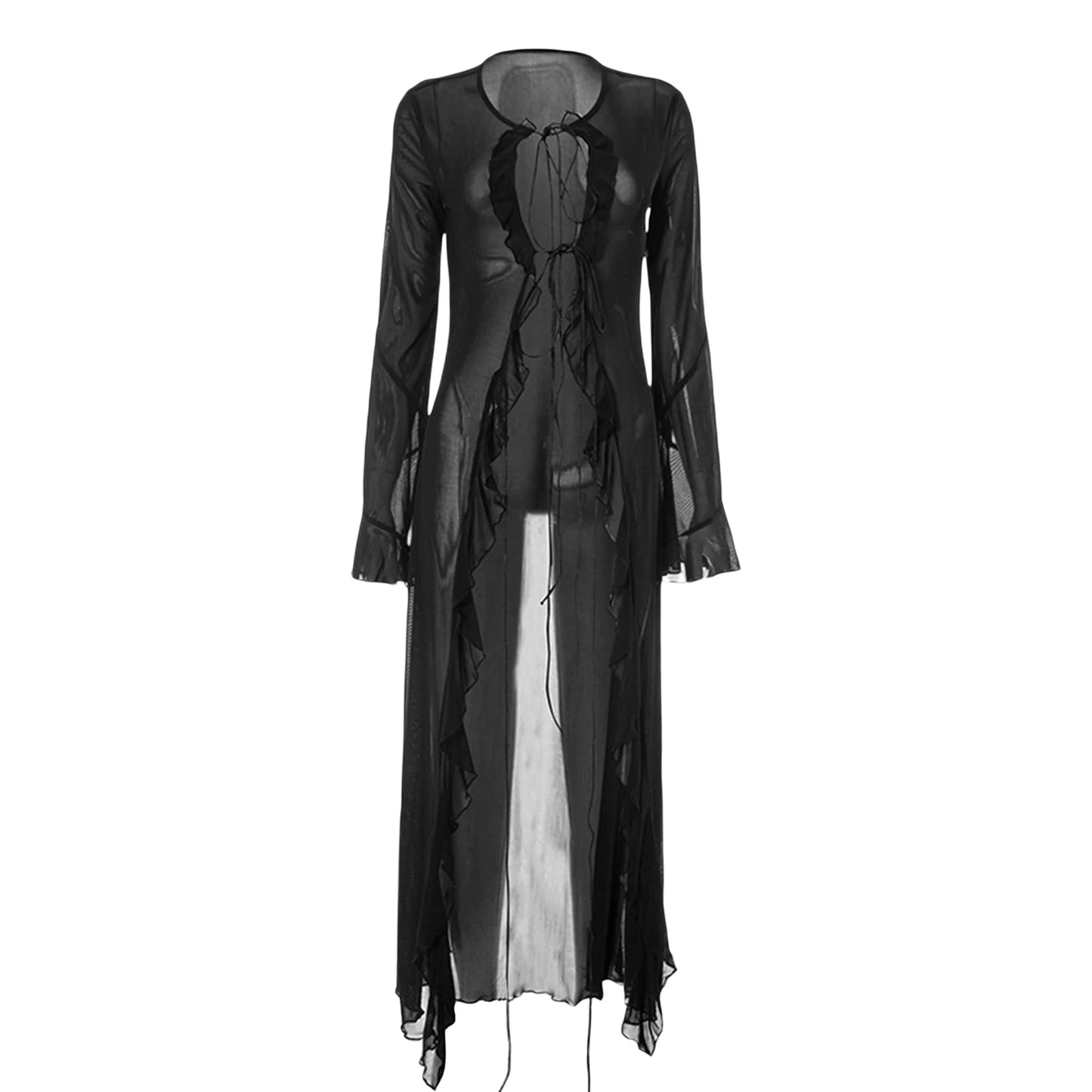 Women s Summer Tie Up Mesh Long Cardigan Long Sleeve Open Front Cardigan Swimwear Cover Ups Long Beach Kimono Streetwear