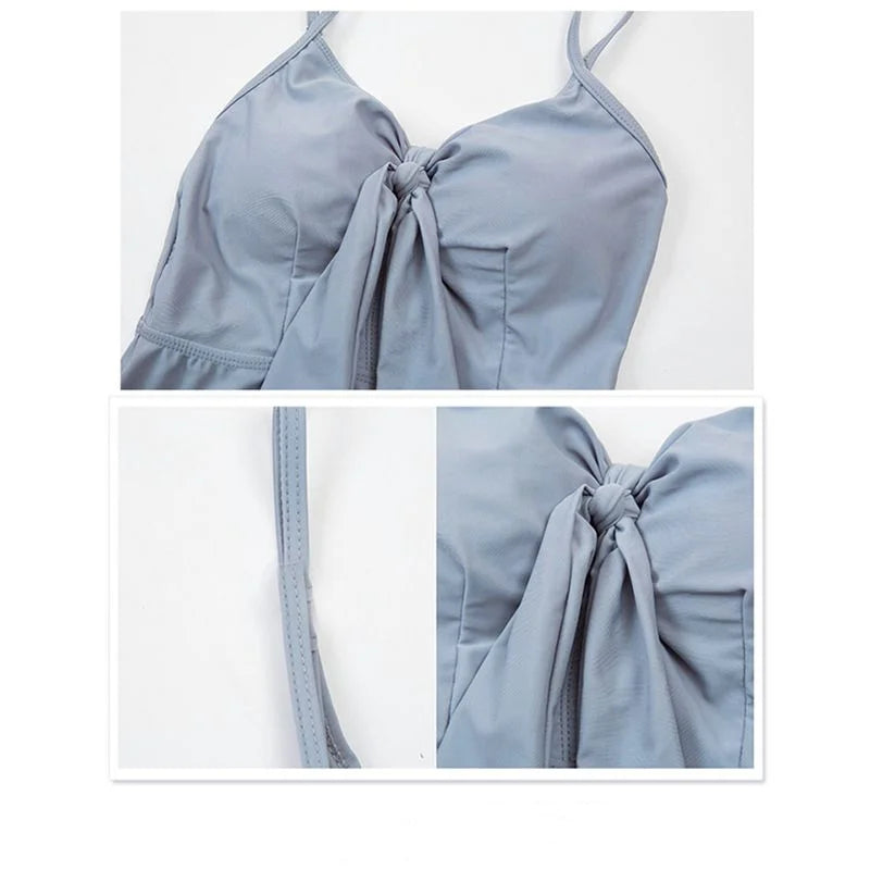 Women's Solid Color Sling Spliced Tassel With Chest Pad Without Steel Support Casual Long Sleeve Smock Shirring Sexy Swimwears