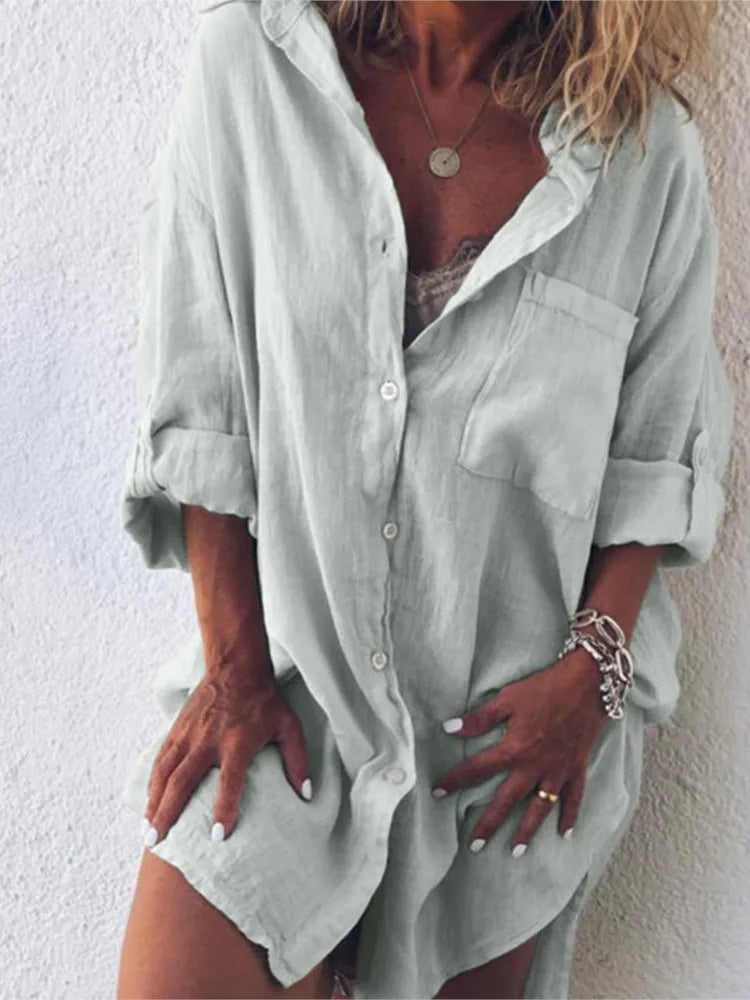 Women's Summer New Fashion Cotton Linen Pocket Beach Button Long Sleeved Shirt Casual And Comfortable Plus Size Women's Clothing