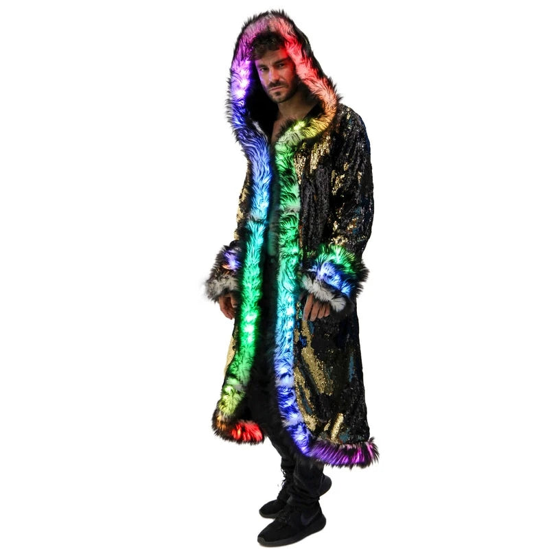 New LED Costume Faux Fur Coat Long Hooded Flash Clothes Burning Man Clothing Men's Faux Fur Coat