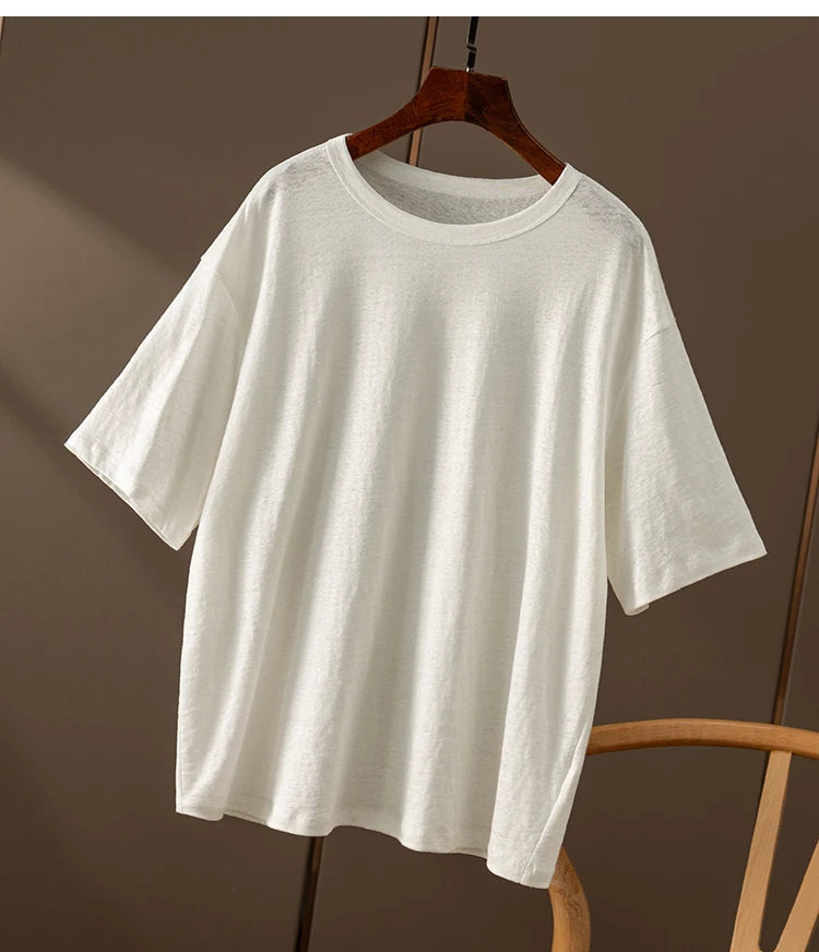 100% Linen Knitted High-quality Casual Loose Round Neck Short-sleeved T-shirt Women Short Sleeve Shirts for Women