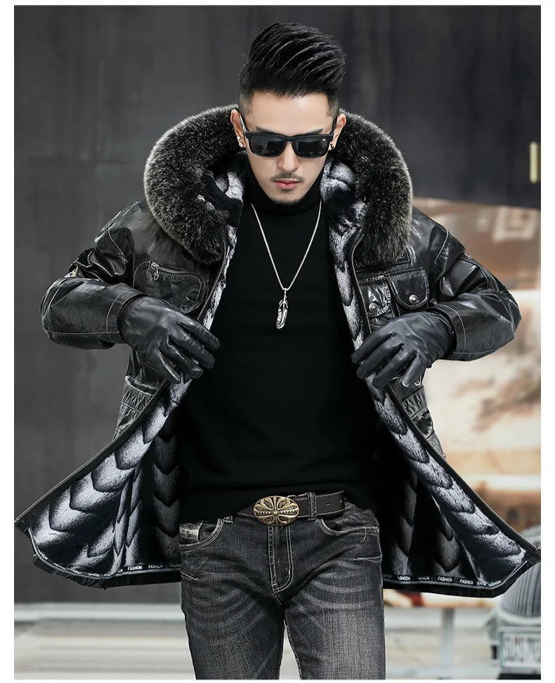 Mens Genuine Leather Jacket Men Top Layer Cowhide Hooded Coat Rabbit Fur Lining Trendy Parka Male Fox Collar Clothing