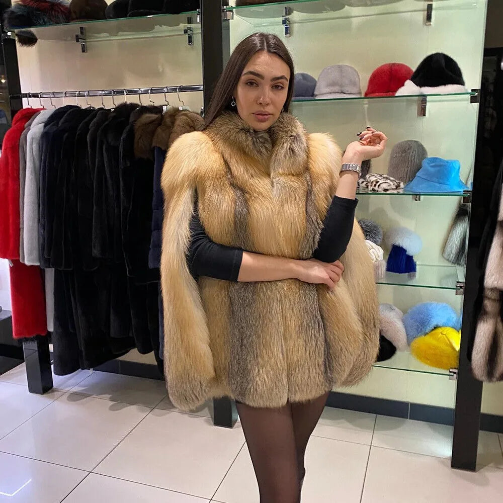 Women Luxury Warm Full Pelt Genuine Red Fox Fur Poncho Cape Real Fur Stole Coat women's clothing trend 2024 New in coats