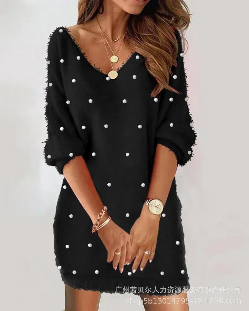 Women V-Neck Fleece Lace Off-Shoulder Dress Long Sleeve Fashion Casual Sexy Mini Dress