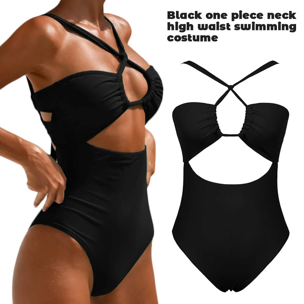 Women's One-piece Swimsuits High Waist Backless Hanging Neck Black Swimwear Soft Material Easy to Wear Comfortable Strap bikini