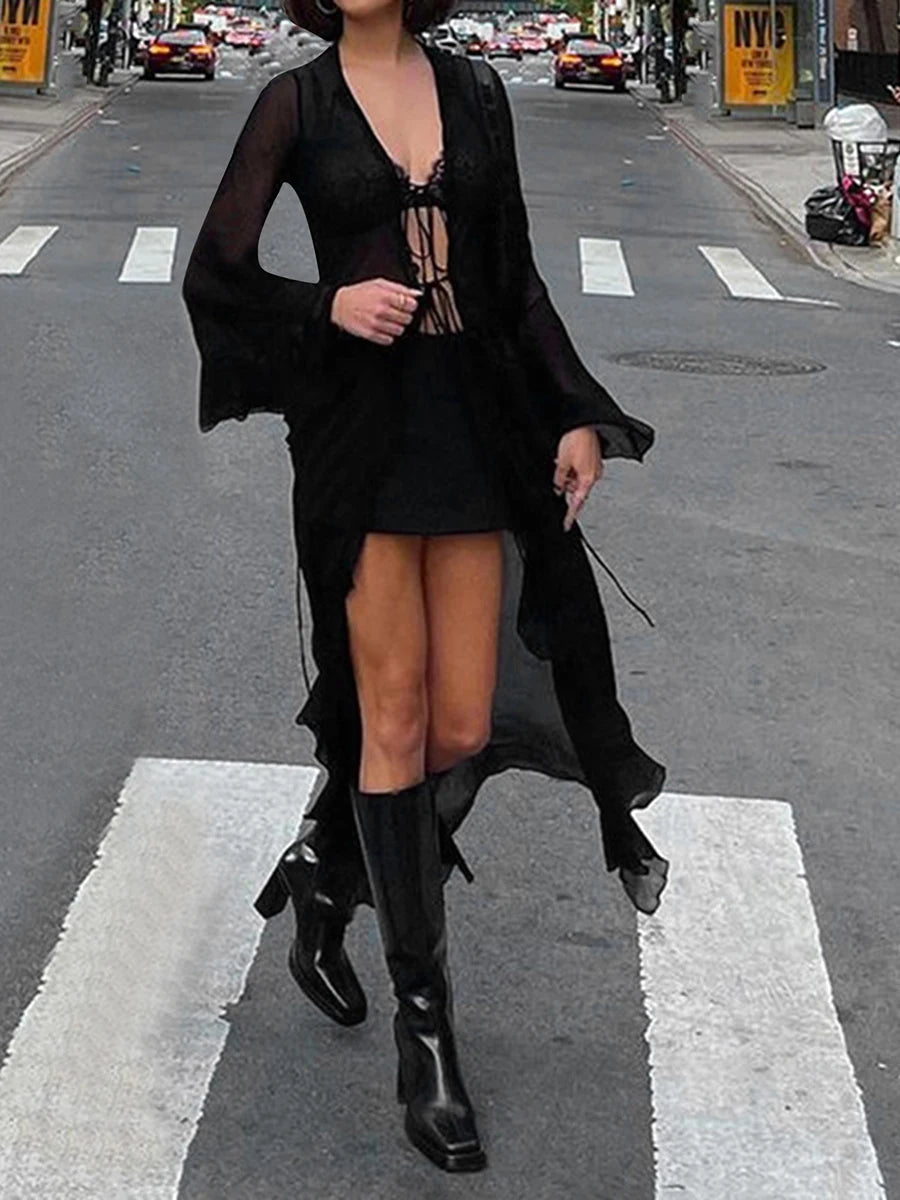 Women s Summer Tie Up Mesh Long Cardigan Long Sleeve Open Front Cardigan Swimwear Cover Ups Long Beach Kimono Streetwear