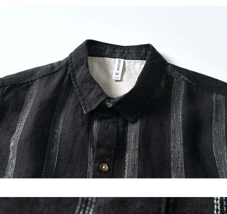 100% Linen Men's Short Sleeve Shirt Japanese Chest Pocket Striped Stand Collar Shirts Casual Summer Comfortable Tops Shirt Man