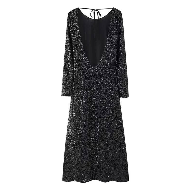 Women's Long Dress Autumn Sequined Vintage Fashion Backless Long Sleeve Female Party Evening Elegant and Pretty Women's Dresses