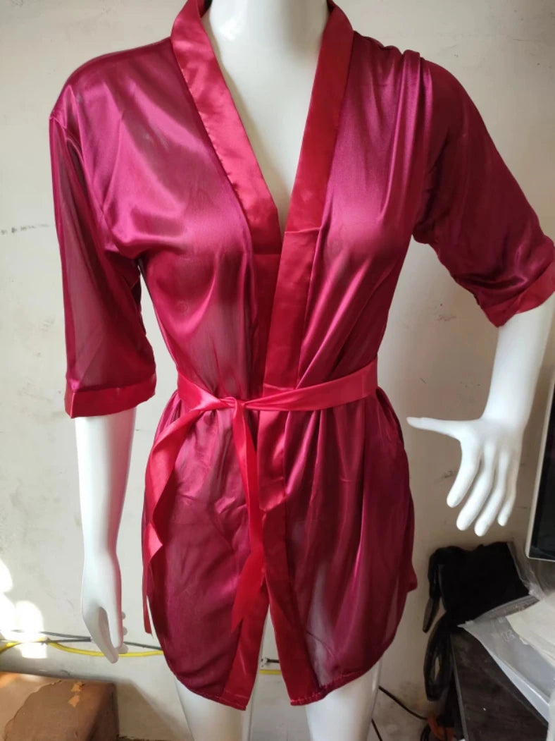 Womens Large Size Ice Silk Sexy Lace Bathrobe Pajamas Female Soft and Comfortable Solid Color Sleepwear V-Neck Bathrobe Pajamas