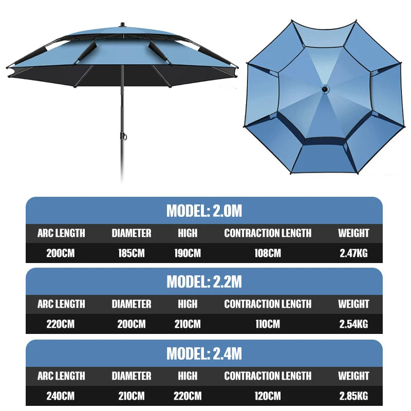2.0-2.4M Double-Layer Fold Parasol Fishing Umbrella Outdoor Camping Umbrella for Beach Garden Parasol Windproof Umbrella Shade