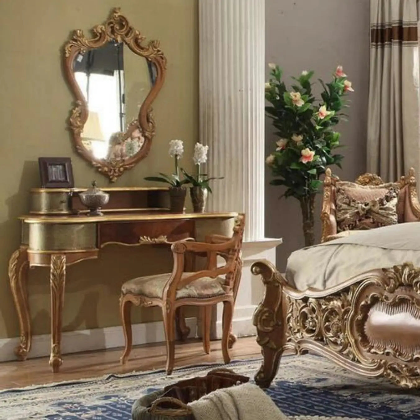 European-style Carved Mahogany Baroque Heavy Industry Beige Gold Elegant and Gorgeous Retro Imported Cloth Solid Wood Double Bed