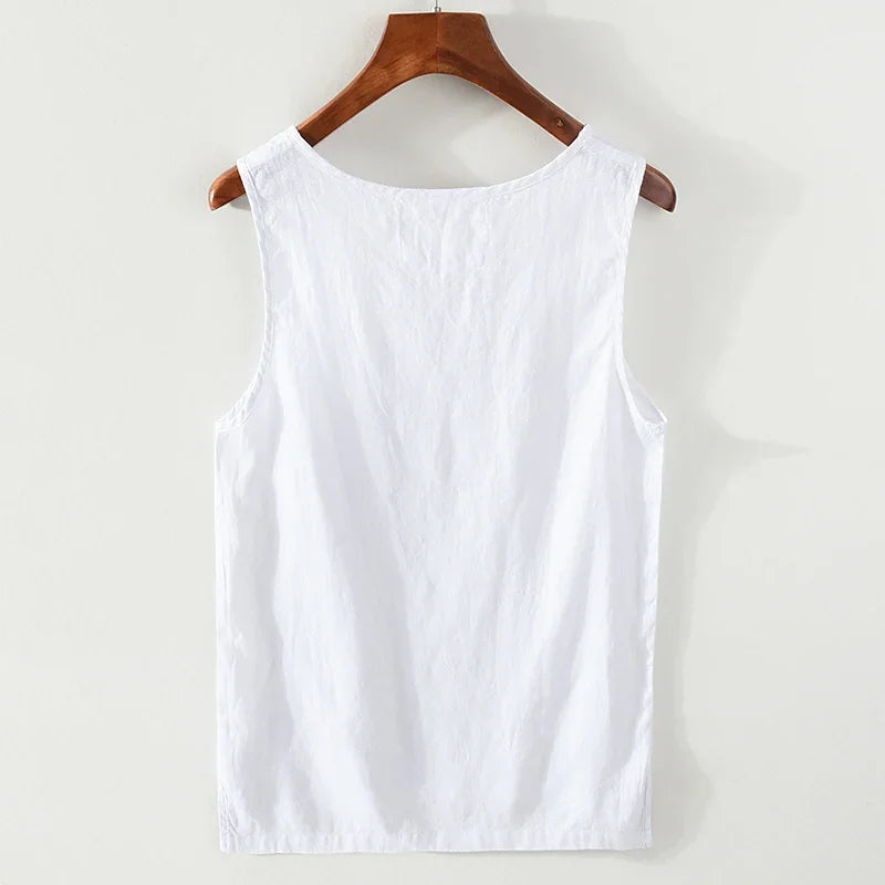 100% Linen Sleeveless Tank Top for Men Summer Solid Breathable Vest Tees Casual Man Vests