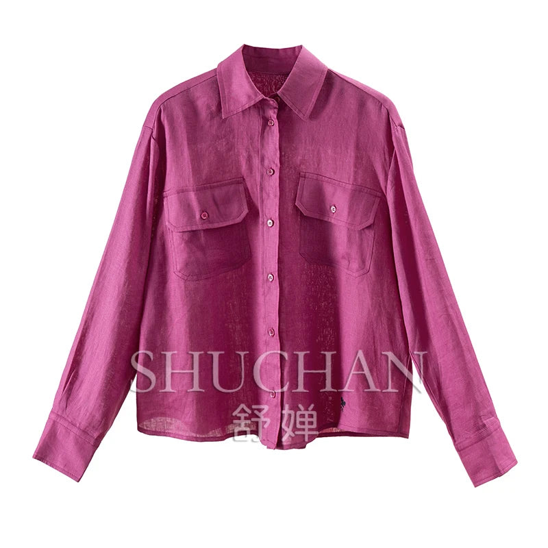 100% Linen Long-sleeved Shirt Women Long Sleeve Top Womens Shirts Luxury Blouses for Women Fashion 2024