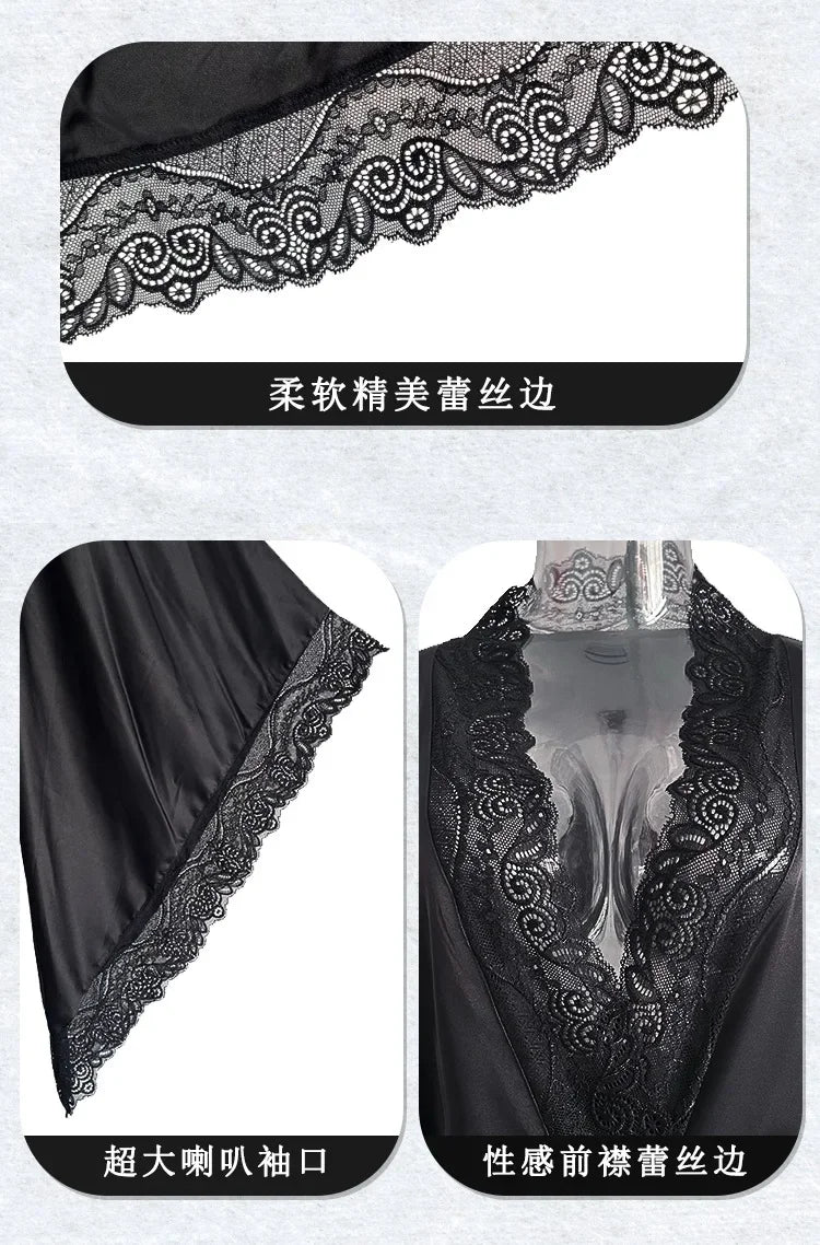 Womens Nightdress Sexy Long Polyester Lingerie Nightwear Bath Robe Gown Imitation Ice Silk Nightdress Solid Color Nightgown Thin