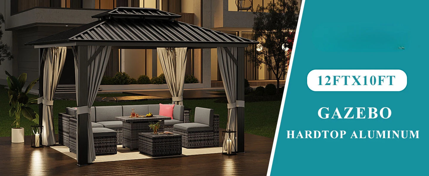 10'x12' Hardtop Gazebo, Aluminum Frame Canopy with Double Galvanized Steel Roof, Outdoor Metal Pavilion with Netting, Curtains