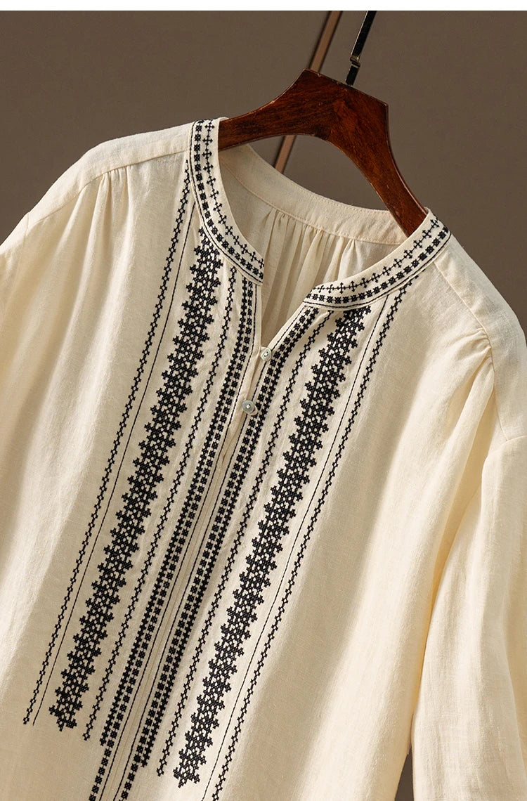 100% Linen Five-Sleeve Embroidered Shirt Women Blusas Femininas Women Tops Shirts for Women Blusas De Mujer