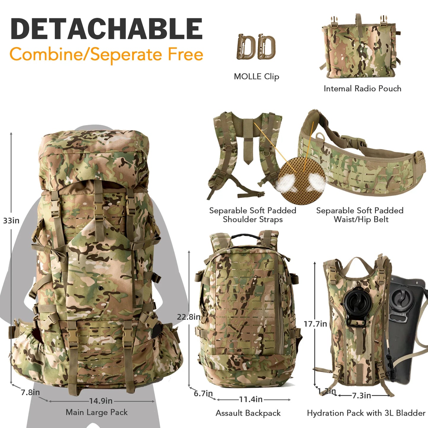 100L AKmax Military Tactical Large backpack camping equipment Man‘s Bag Hydration Pack Army backpack Waterproof Backpacks 4 in 1