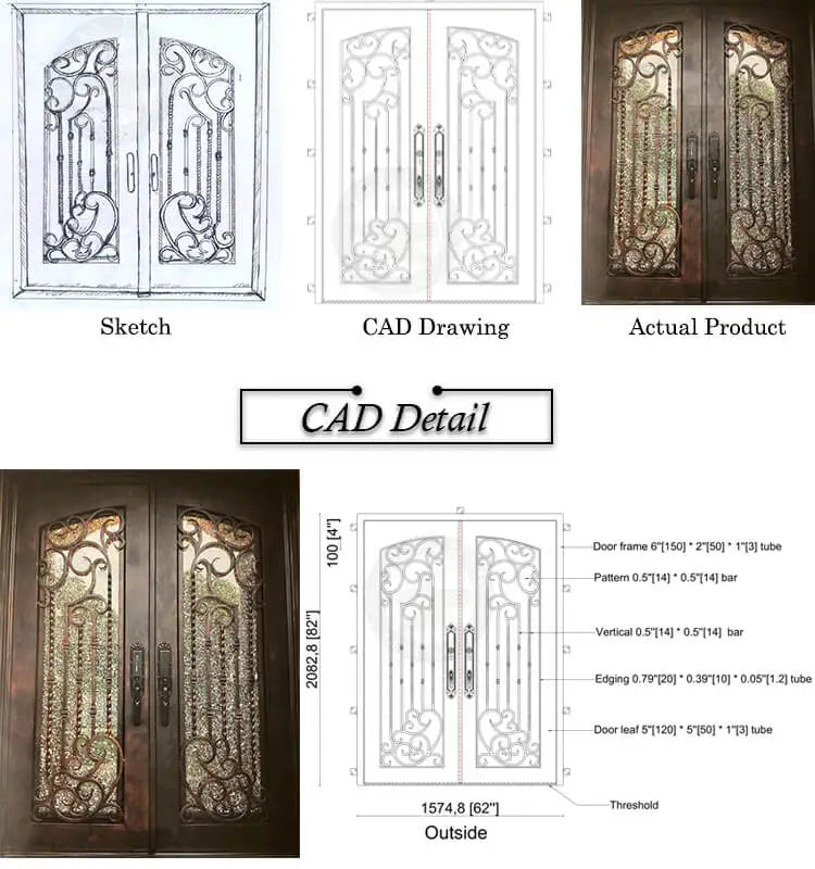 Wrought iron double door main iron glass door designer outside wrought iron door