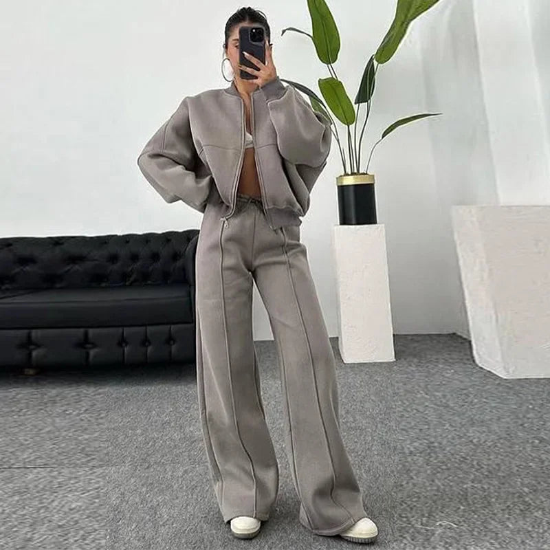 Women Sweatsuit Set Vintage O-neck Zipper Bomber Jackets High Waist Loose Pants Suit Female 2025 Spring Fashion Lady Sportswear