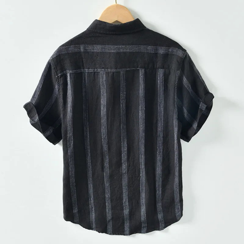100% Linen Men's Short Sleeve Shirt Japanese Chest Pocket Striped Stand Collar Shirts Casual Summer Comfortable Tops Shirt Man