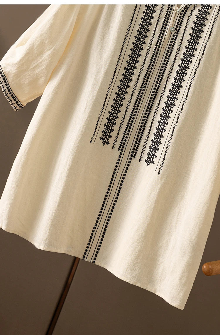 100% Linen Five-Sleeve Embroidered Shirt Women Blusas Femininas Women Tops Shirts for Women Blusas De Mujer