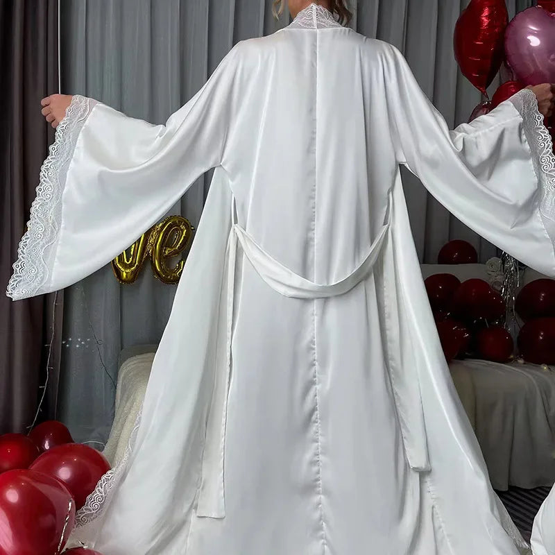 Womens Nightdress Sexy Long Polyester Lingerie Nightwear Bath Robe Gown Imitation Ice Silk Nightdress Solid Color Nightgown Thin